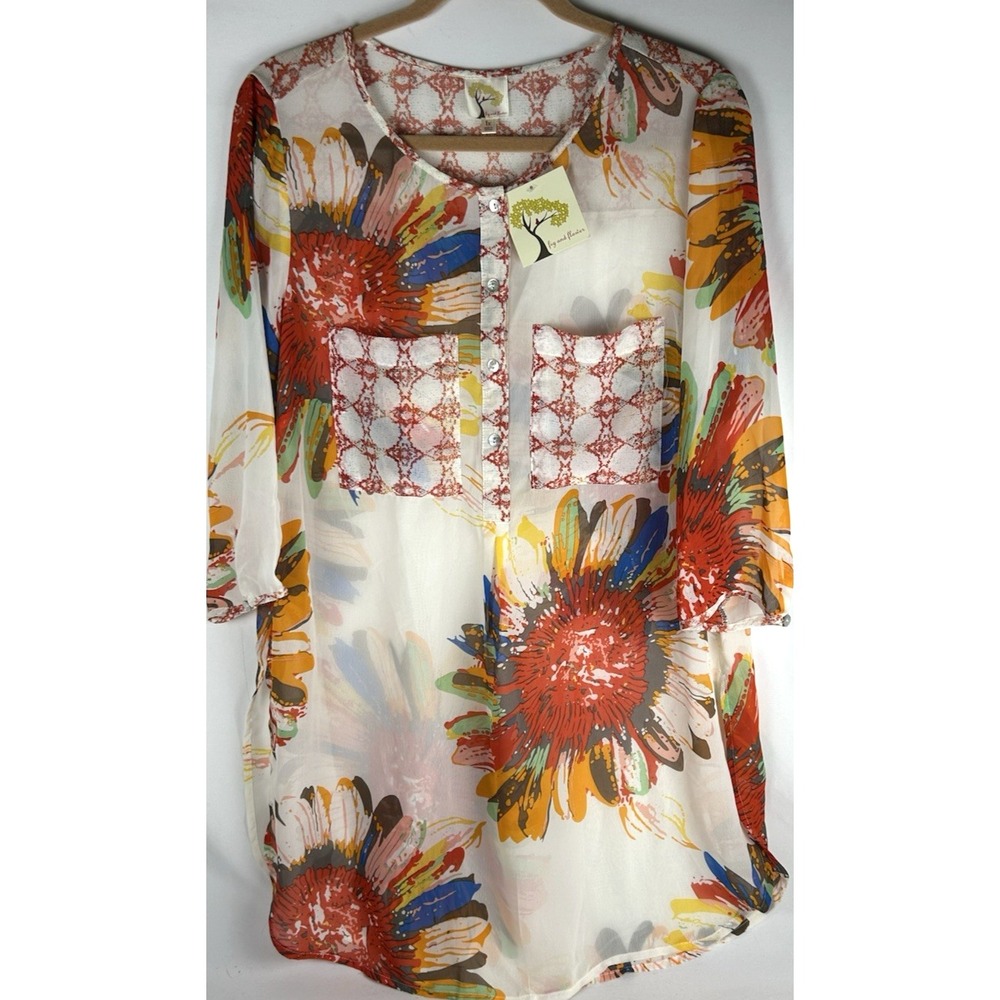 NWT Fig Flower Sheer Floral Pullover Tunic Blouse Plus Sz 1X Sunflower Pockets